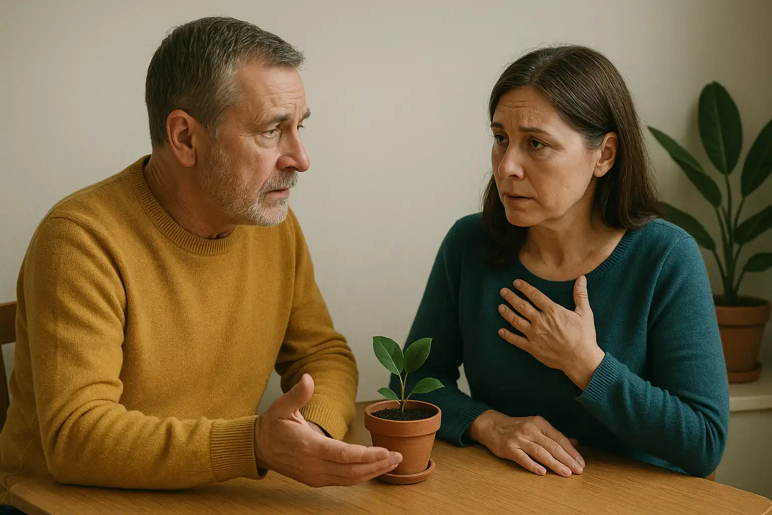 Deux proches discutant calmement autour d’une table, ambiance douce et bienveillante, sans cigarette
