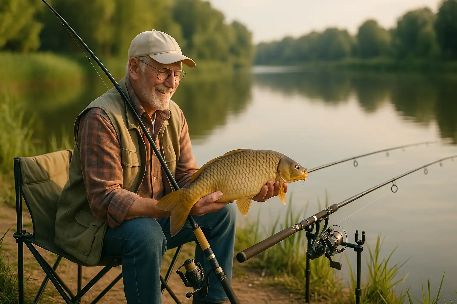 Homme de 70 ans à la retraite pêchant paisiblement la carpe au bord d’un étang, symbole d’une vie sereine après avoir arrêté de fumer