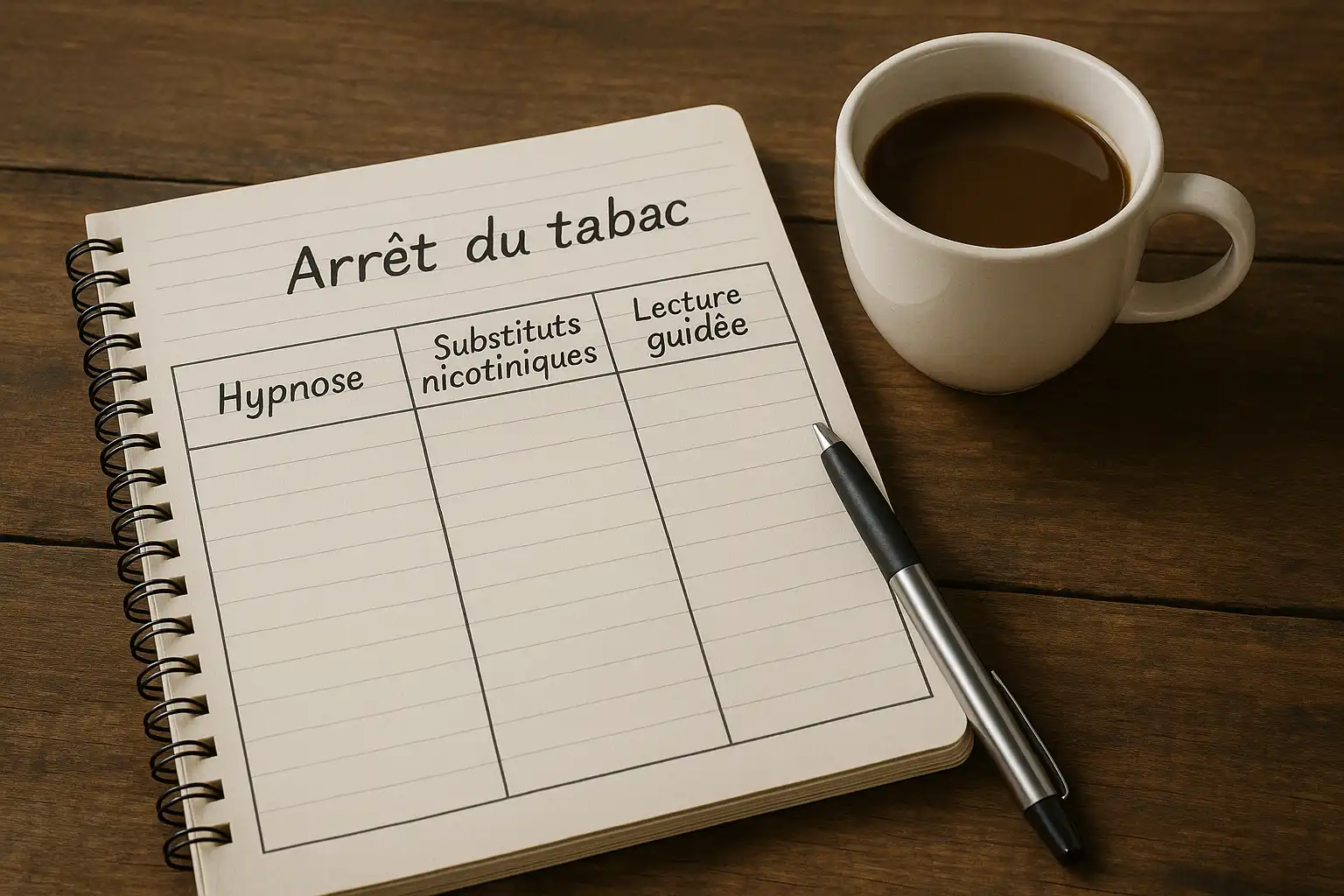 Carnet ouvert avec plusieurs colonnes comparant différentes méthodes pour arrêter de fumer, dont hypnose, substituts nicotiniques, et lecture guidée