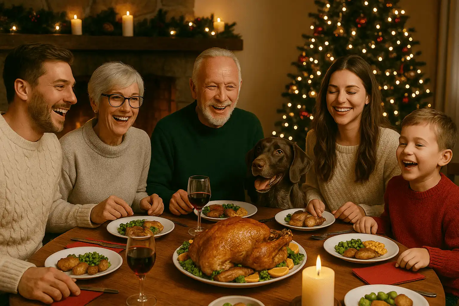 Famille réunie autour d’une table de Noël, en train de partager un repas sans cigarette