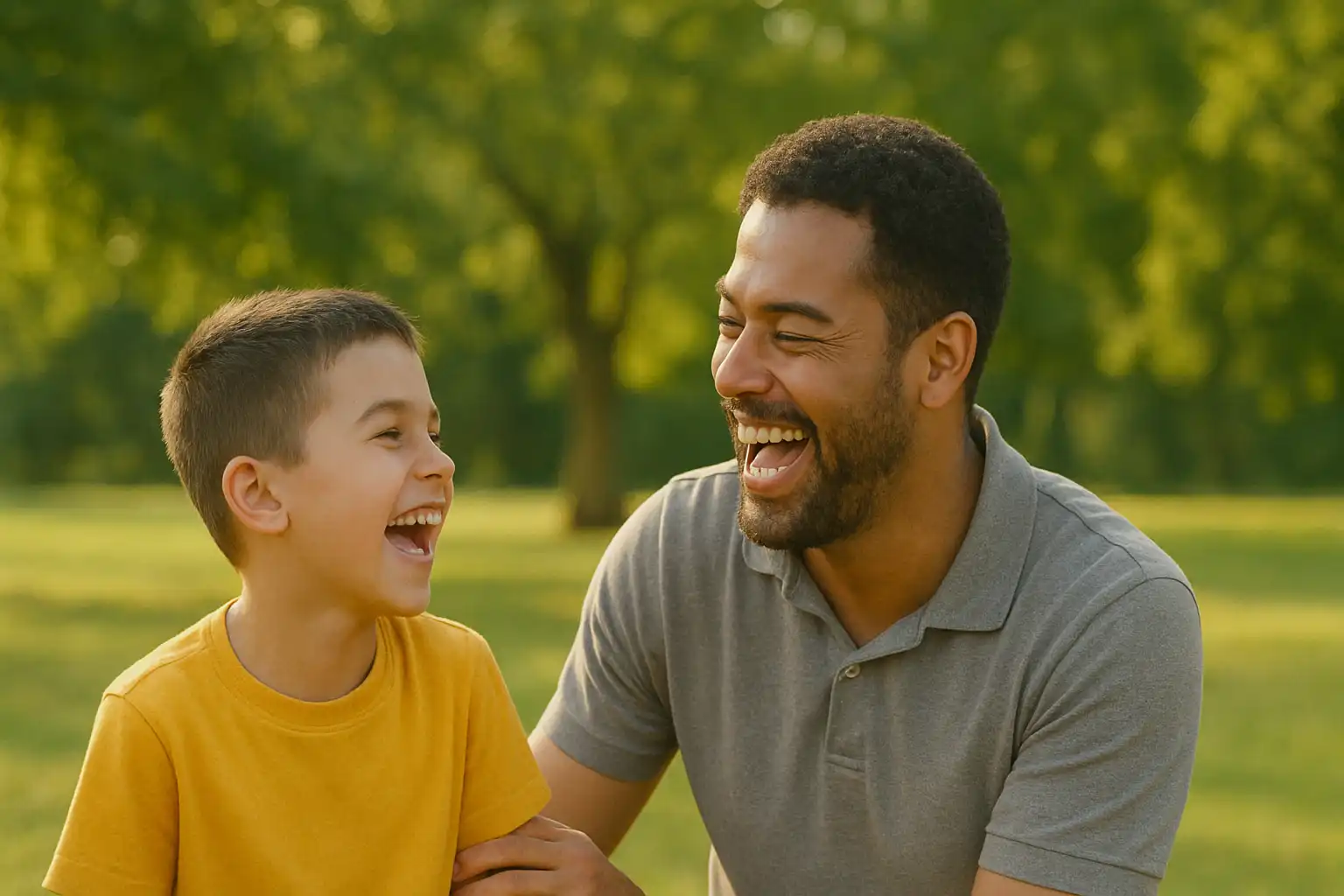 Père et enfant riant ensemble dans un parc — symbole d’un futur sans tabac