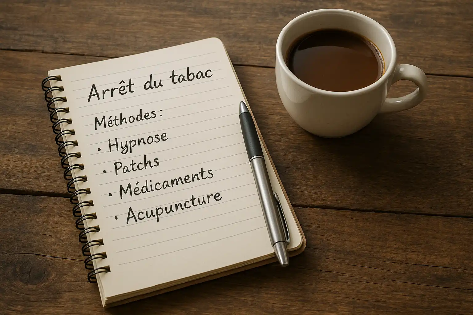 Table avec un carnet, un stylo et une tasse, symbolisant une réflexion calme sur les différentes méthodes pour arrêter de fumer, dont l’hypnose