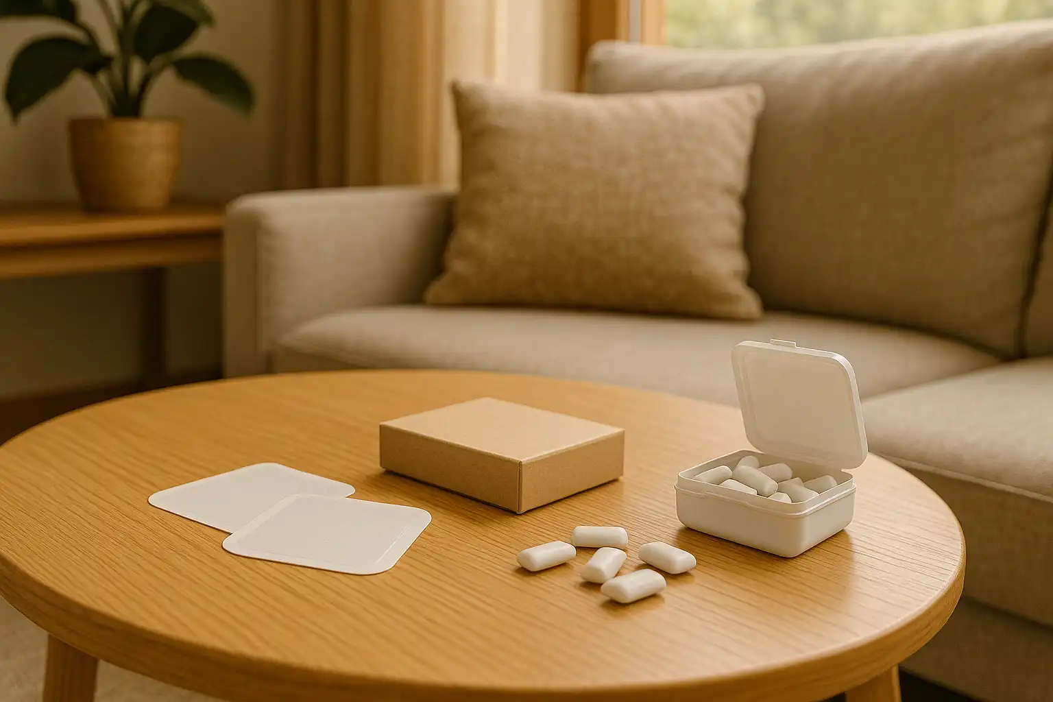 Patchs et gommes nicotiniques rangés à côté d’un stylo et d’un carnet StopoClop